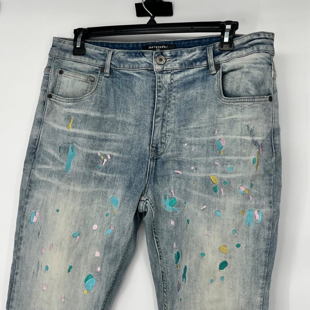 Sarenade Light Wash Denim Jeans With Multicolor Paint Splatter Size 40 X 32 - Picture 2 of 9